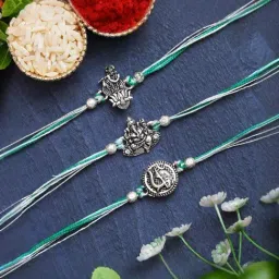 eCraftIndia Set of 3 Religious Rakhis with Sibling Agreement & Roli Chawal Pack-image-49