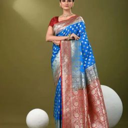 CHARUKRITI Blue Silk Zari Saree With Unstitched Blouse-image-16