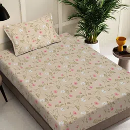 Myntra Elegant Homes Beige & Pink Floral Printed 300 TC Single Bedsheet Set 2.2 m x 1.5 m-image-96