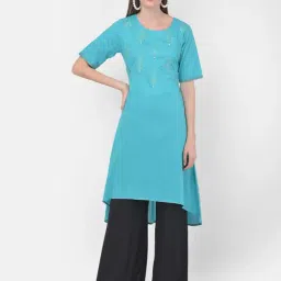 Span Blue Cotton Embroidered A Line Kurta-image-77