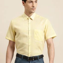 Sojanya Yellow Cotton Linen Regular Fit Self Pattern Shirt-image-5