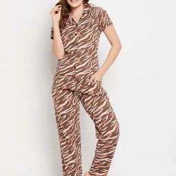 Clovia Brown Printed Shirt With Pyjamas-image-13
