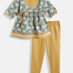 READIPRINT FASHIONS Kids Turquoise & Yellow Floral Print Kurta With Pyjamas-image-35