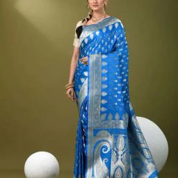 CHARUKRITI Blue Silk Zari Saree With Unstitched Blouse-image-107