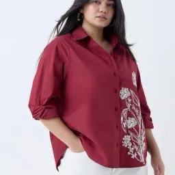 Gia by Westside Maroon Floral Embroidered Cotton Shirt-picture-1