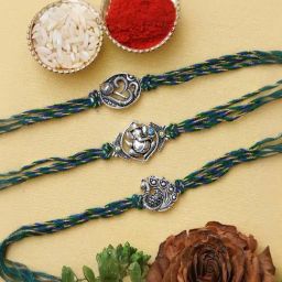 eCraftIndia Set of 3 Om, Ganesha & Peacock Rakhis with Sibling Agreement & Roli Chawal Pack-image-59