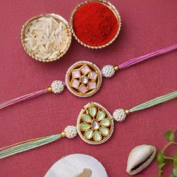 eCraftIndia Set of 2 Pink and Green Pearl, Kundan Floral Rakhis with Sibling Agreement & Roli Chawal-image-91