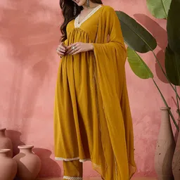 Sangria Mustard Yoke Design Sequinned V-Neck A-Line Kurta With Trousers And Dupatta image 3
