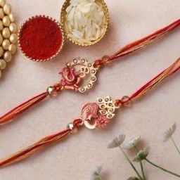 eCraftIndia Set of 2 Red Golden Lord Ganesha, Om Symbol Rakhis with Sibling Agreement & Roli Chawal-image-76