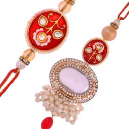 Aapno Rajasthan Red Beads & Pearl Crafted Lumba With Bhaiya Bhabhi Rakhi Set image 2
