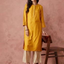 Fabindia Mustard Silk Viscose Regular Fit Solid Kurta-28