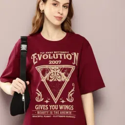 Dillinger Maroon Cotton Graphic Print Oversized T-Shirt-image-89
