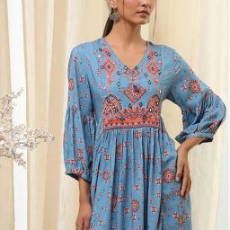 Biba Dull Blue Straight Fit Printed Kurtis-image-8