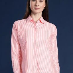 Hancock Coral & White Cotton Striped Shirt-image-65