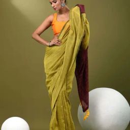 CHARUKRITI Yellow Cotton Striped Saree With Unstitched Blouse-picture-33
