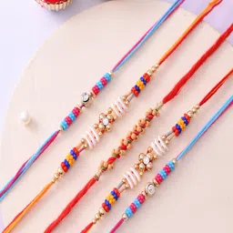 Aapno Rajasthan Set of 5 Stone-Studded & Beaded Thred Rakhi Gift Set-11