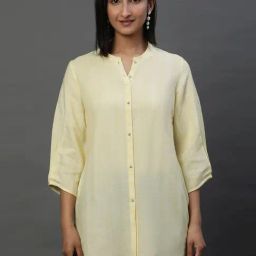 Aurelia Yellow Woven Pattern Straight Short Kurti-image-1