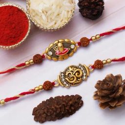 eCraftIndia Set of 2 Shivalinga Trishul, Om Symbol Rakhis with Sibling Agreement & Roli Chawal Pack-image-25