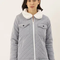 Campus Sutra Women Grey Solid Windcheater Biker Jacket-picture-1