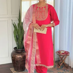 Divyadham Textiles Embroidered Zari Round Neck Straight Kurta With Trousers & Dupatta-picture-39