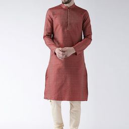 DEYANN Men Maroon & Cream-Coloured Self Design Kurta with Pyjamas-picture-3