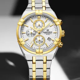 Naviforce Men Brass Patterned Dial & Stainless Steel Bracelet Style Straps Analogue Chronograph Watch-image-35