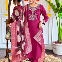 THE52 Women Floral Embroidered Kurta with Trousers & Dupatta-picture-15