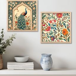 WALLLANE Brown & Green 2 Pieces Wooden Madhubani Wall Art-picture-26