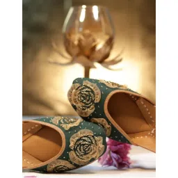 GLAM STORY Zoya Teal Embellished Net Gold Designer Punjabi Juttis For Women-picture-1