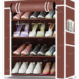 Fiddlerz Multipurpose 4 Shelves Shoe Rack Cabinet with Zip Door Cover Side Pockets Collapsible Shoes Shelf Shoerack Multiuse Storage Organizer for Footwear Toys Clothes(Non Woven Fabric) Brown-16