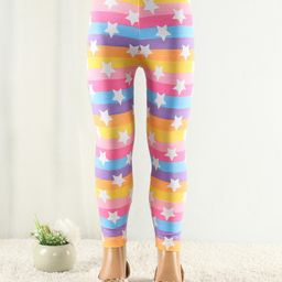 Babyhug Cotton Lycra Full Length Stretchable Leggings Stars Print- Pink Blue & Yellow-picture-7
