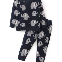 Babyhug Knitted Full Sleeves Elephant Design Sweater Set - Navy-image-51