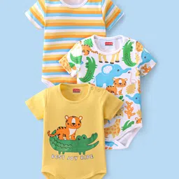 Babyhug 100% Cotton Knit Half Sleeves Onesie With Animal Print Pack of 3 - Multicolor-picture-6