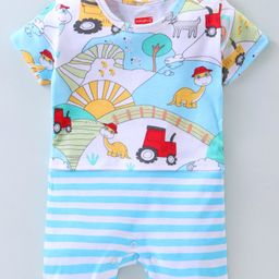 Babyhug 100% Cotton Knit Half Sleeves Striped & Dino Printed Romper - Blue & White-image-71