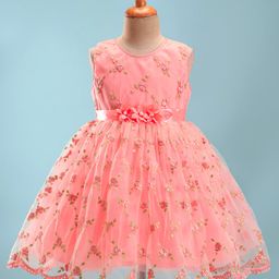 Babyhug Sleeveless Embroidered Party Frock with Floral Applique - Pink-image-56