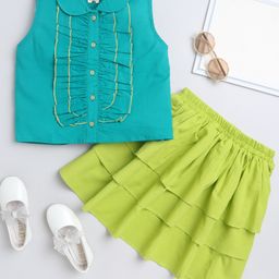 Aww Hunnie 100% Cotton Sleeveless Frill Detailed Top With Layered Skirt Set - Green-image-126