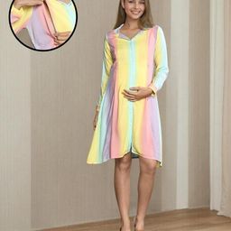 MomToBe Full Sleeves Colour Blocked Maternity Shirt Dress With Concealed Zipper Nursing Access - Multi Colour-image-1