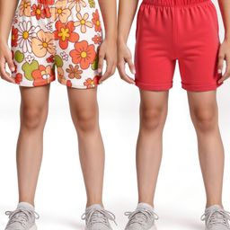 Honeyhap Premium Single Jersey Knit Knee Length Cycling Shorts with Bio Finish & Floral Print Pack of 2 - Bright White & High Risk Red-image-59