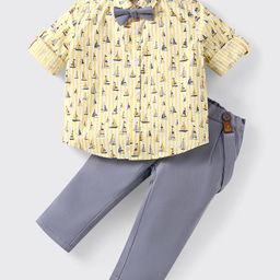 ToffyHouse Chambray Woven Full Sleeves Boat Printed Party Shirt & Trouser Set With Bow & Suspender - Yellow-image-36