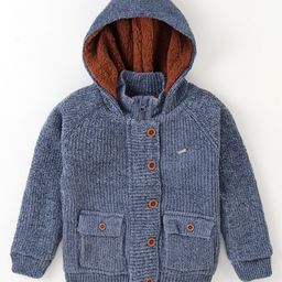 Yellow Apple Knitted Full Sleeves Hooded Solid Colour Sweatjacket - Blue-image-20