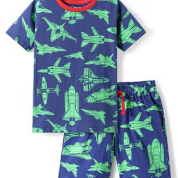 Pine Kids Single Jersey Knit Half Sleeves Shorts Night Suit with Aeroplane Print - Navy Blue-picture-35