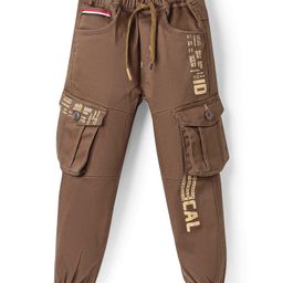 Olio Kids Cotton Woven Full Length Trousers with Cargo Pockets & Text Print - Brown-image-40