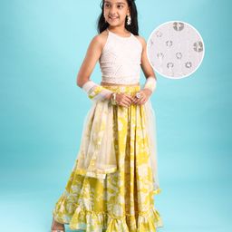 Pine Kids Woven Sleeveless Sequins Detailing Choli with Floral Printed Lehenga & Dupatta Set - Mustard & White-image-92