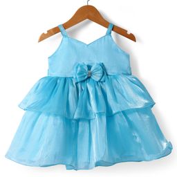 Babyhug Woven Sleeveless Solid Party Dress With Bow Applique - Light Blue-picture-13