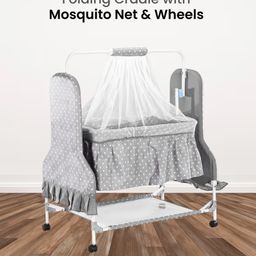Star Printed Folding Cradle with Mosquito Net & Wheels - Grey-picture-28