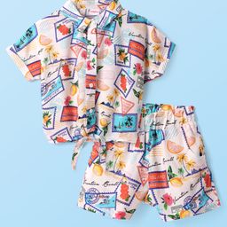 Babyhug Rayon Woven Half Raglan Sleeves Top & Shorts Set with Beach Theme Print - White-picture-13