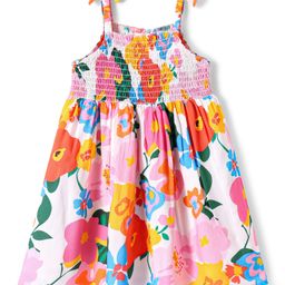 Babyhug Cotton Woven Sleeveless Anti Bacterial Floral Printed Frock with Smocked & Bow Detailing - White Blue & Orange-image-32
