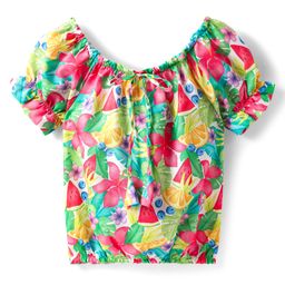 Babyhug Poplin Woven Puffed Sleeves Top With Floral Print - Green & Dark Pink-image-84