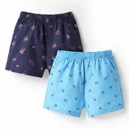 Pine Kids Cotton Woven Mid Thigh Boxers With Anchor Print Pack Of 2 - Light Blue & Navy Blue-image-13