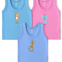 Zero Sinker Knit Sleeveless Vests With Animal Print Pack Of 3 - Pink & Blue-image-51